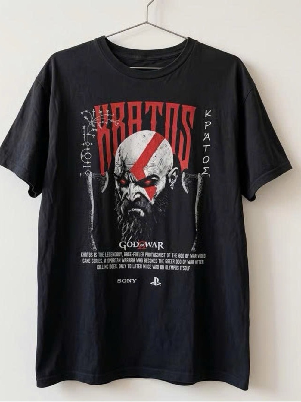 Sony Black God of War Kratos Graphic Tee with Red Artwork